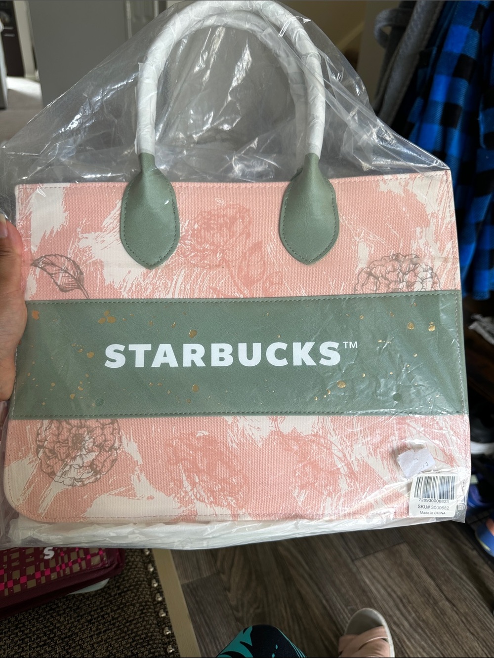 Starbucks Pink Floral Tote with Green Logo Band - Picture 5 of 5